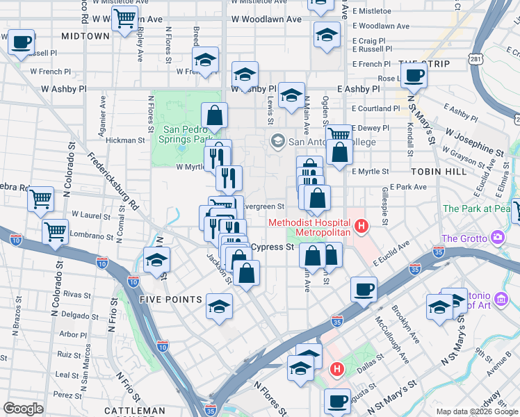 map of restaurants, bars, coffee shops, grocery stores, and more near 321 West Laurel Street in San Antonio
