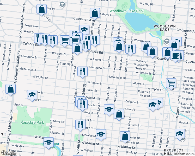 map of restaurants, bars, coffee shops, grocery stores, and more near 3026 West Poplar Street in San Antonio