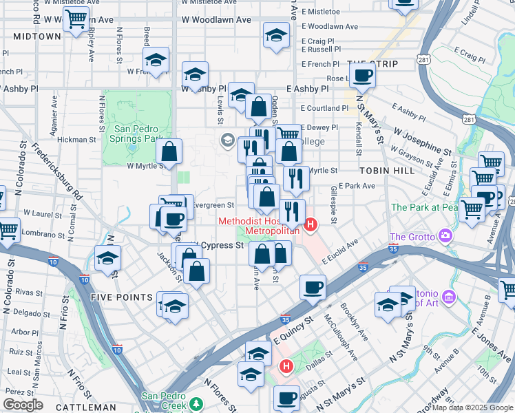 map of restaurants, bars, coffee shops, grocery stores, and more near 1445 North Main Avenue in San Antonio
