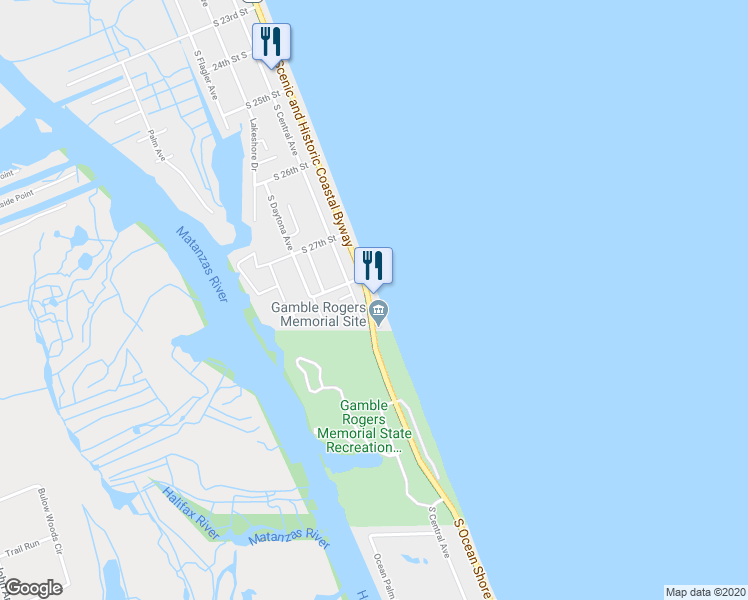 map of restaurants, bars, coffee shops, grocery stores, and more near 2805 South Oceanshore Boulevard in Flagler Beach