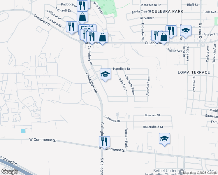 map of restaurants, bars, coffee shops, grocery stores, and more near 730 Canterbury in San Antonio