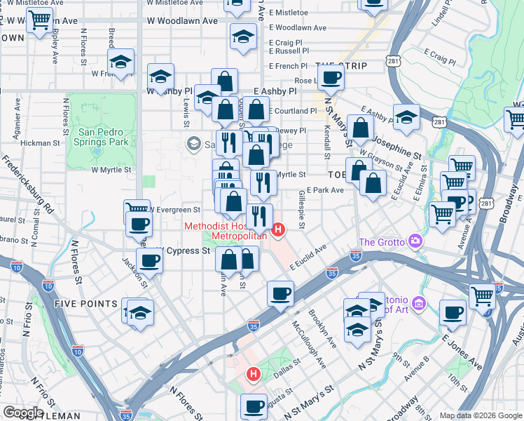map of restaurants, bars, coffee shops, grocery stores, and more near McCullough Ave & E Evergreen St in San Antonio