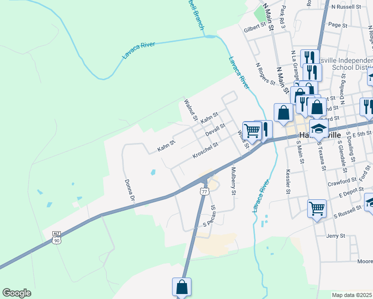map of restaurants, bars, coffee shops, grocery stores, and more near 511 Devall Street in Hallettsville