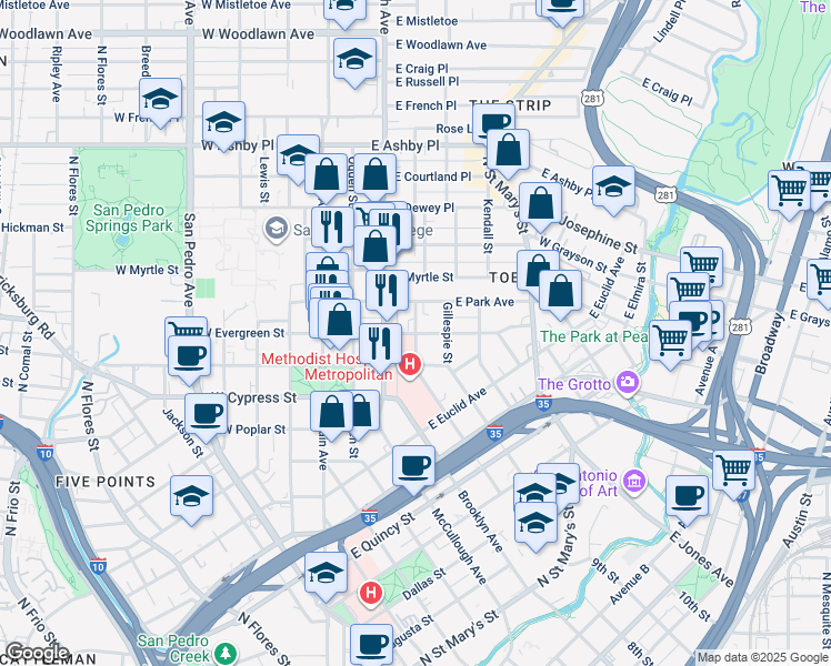 map of restaurants, bars, coffee shops, grocery stores, and more near East Evergreen Street in San Antonio