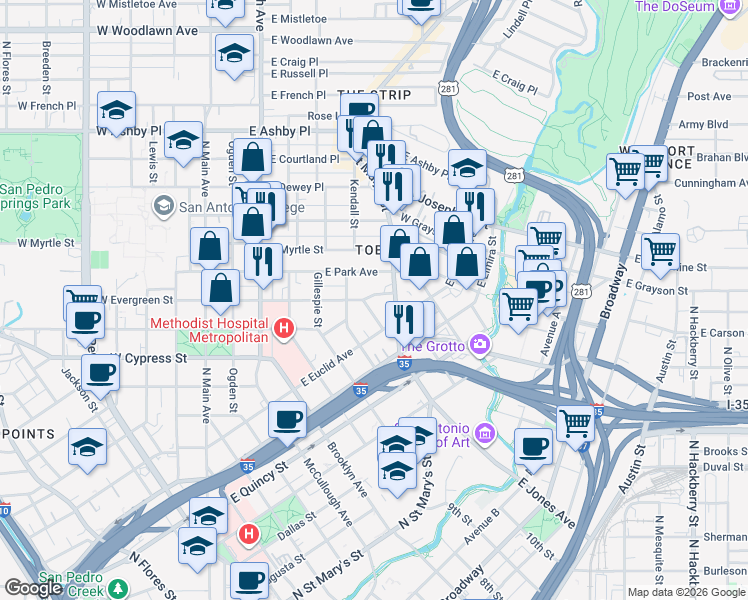 map of restaurants, bars, coffee shops, grocery stores, and more near 626 East Park Avenue in San Antonio