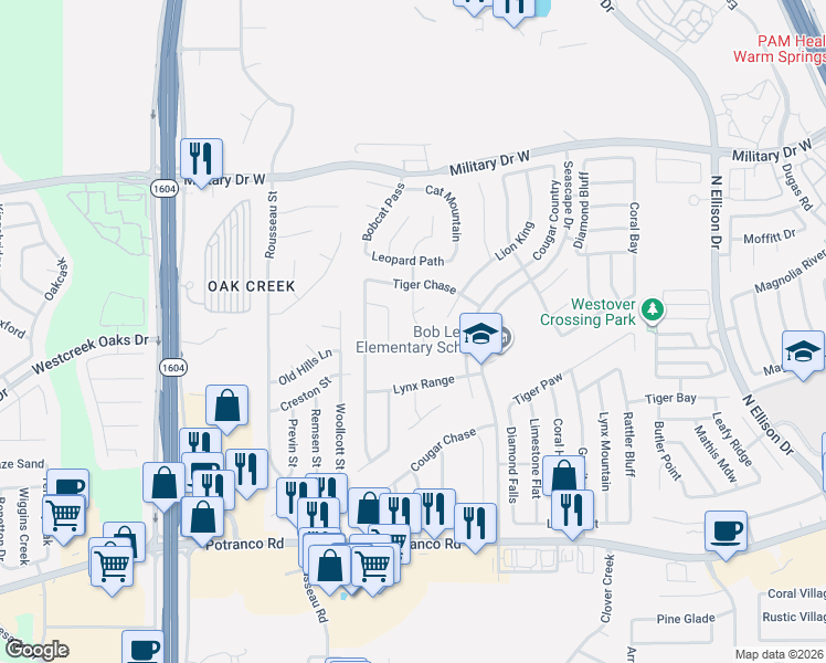 map of restaurants, bars, coffee shops, grocery stores, and more near 10614 Lion Path in San Antonio