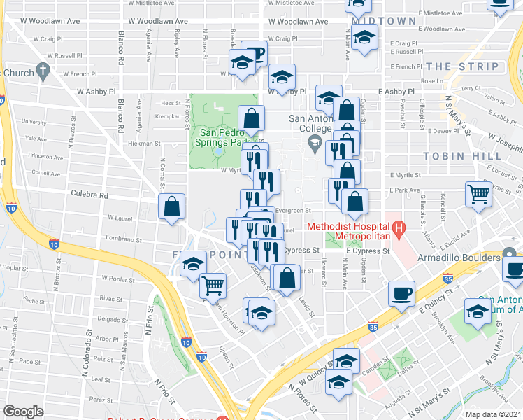 map of restaurants, bars, coffee shops, grocery stores, and more near 717 W Evergreen St in San Antonio