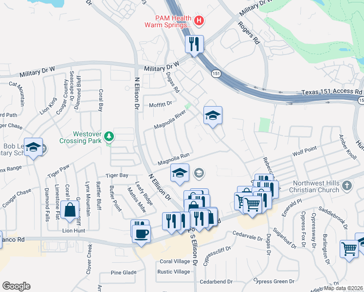 map of restaurants, bars, coffee shops, grocery stores, and more near 922 Magnolia Bend in San Antonio
