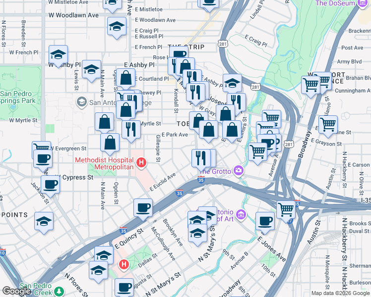 map of restaurants, bars, coffee shops, grocery stores, and more near 626 East Park Avenue in San Antonio