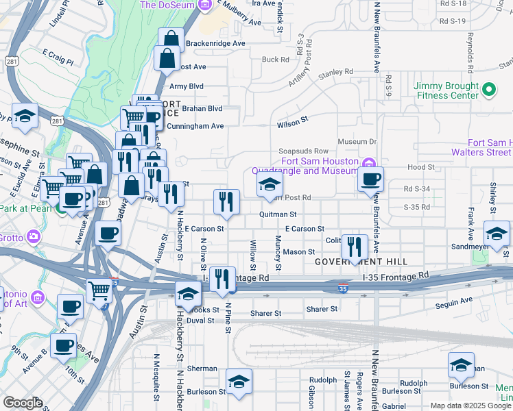 map of restaurants, bars, coffee shops, grocery stores, and more near 2 Staff Post Road in San Antonio