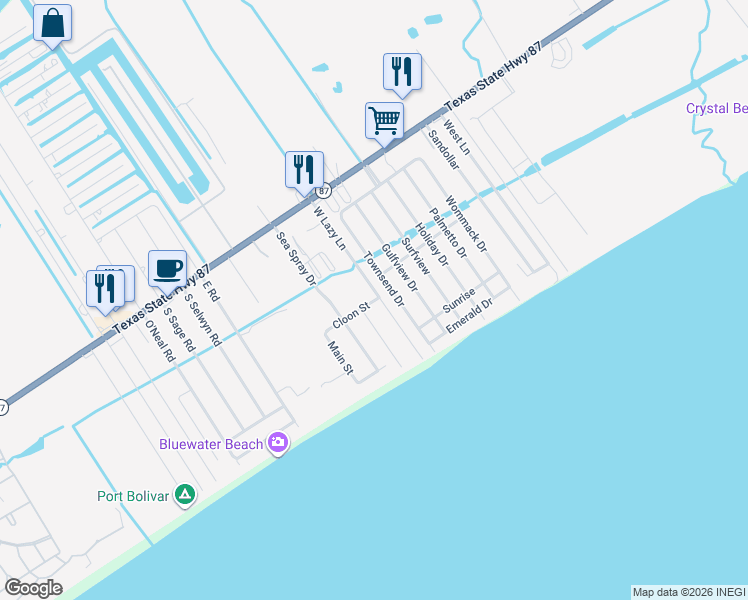 map of restaurants, bars, coffee shops, grocery stores, and more near 881 Townsend Drive in Bolivar Peninsula