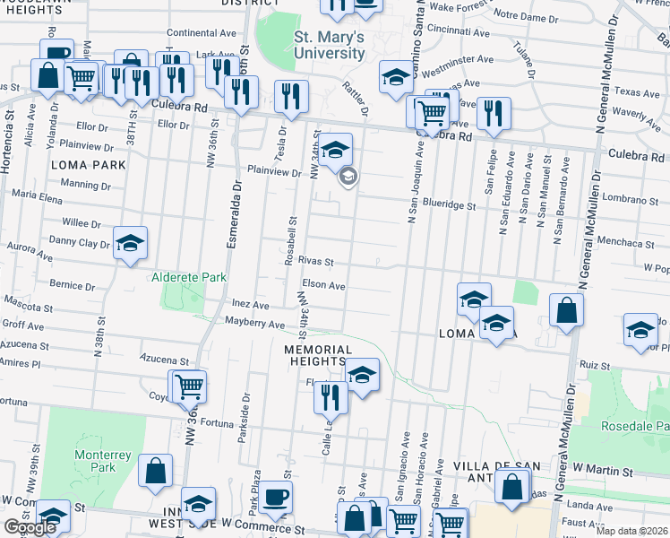 map of restaurants, bars, coffee shops, grocery stores, and more near 3631 Rivas Street in San Antonio