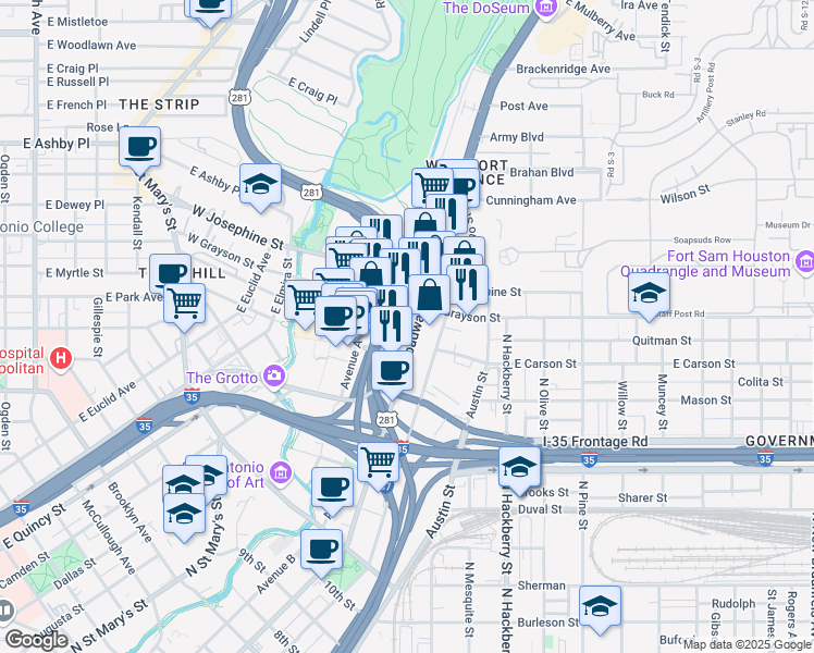 map of restaurants, bars, coffee shops, grocery stores, and more near 1785 Broadway in San Antonio