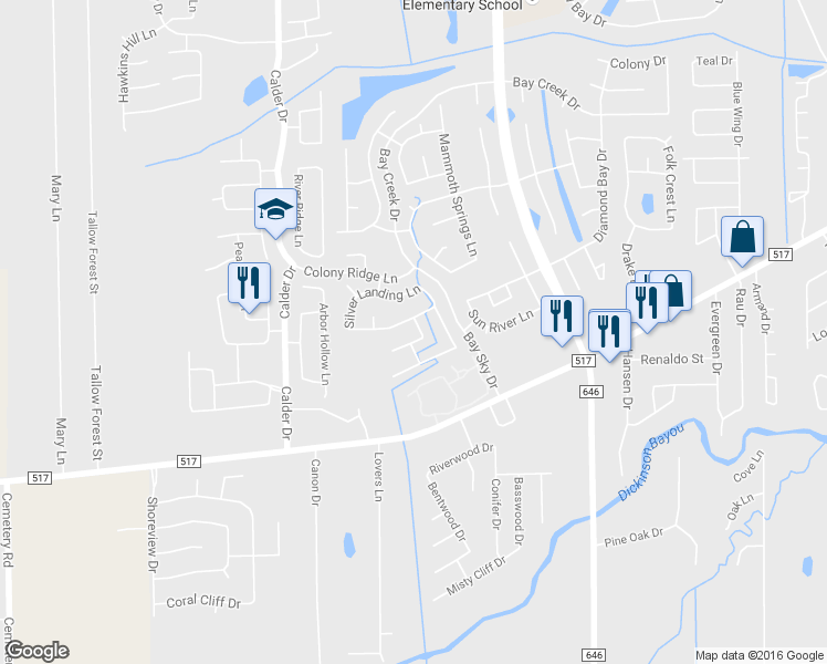 map of restaurants, bars, coffee shops, grocery stores, and more near 2916 Standing Springs Lane in Dickinson