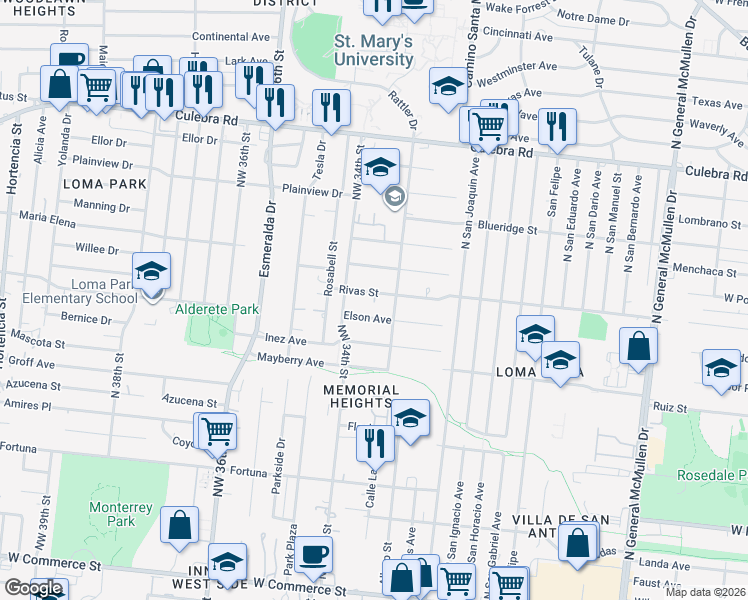 map of restaurants, bars, coffee shops, grocery stores, and more near 3631 Rivas Street in San Antonio