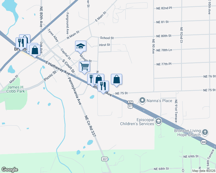 map of restaurants, bars, coffee shops, grocery stores, and more near 100 Commerce Street in Bronson