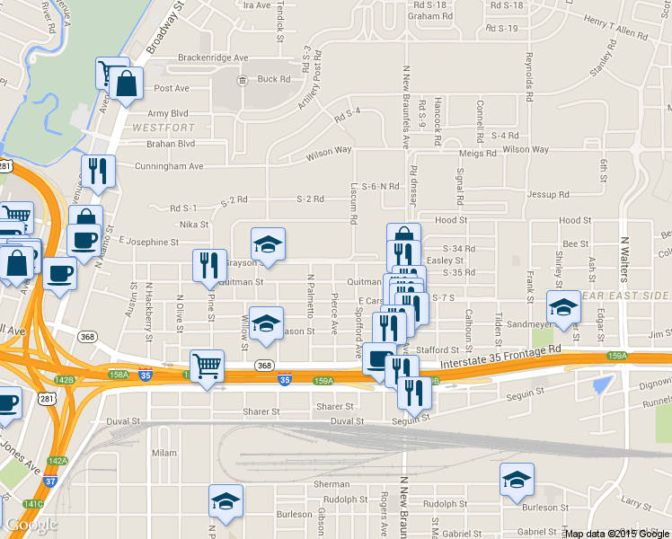 map of restaurants, bars, coffee shops, grocery stores, and more near 1302 East Grayson Street in San Antonio