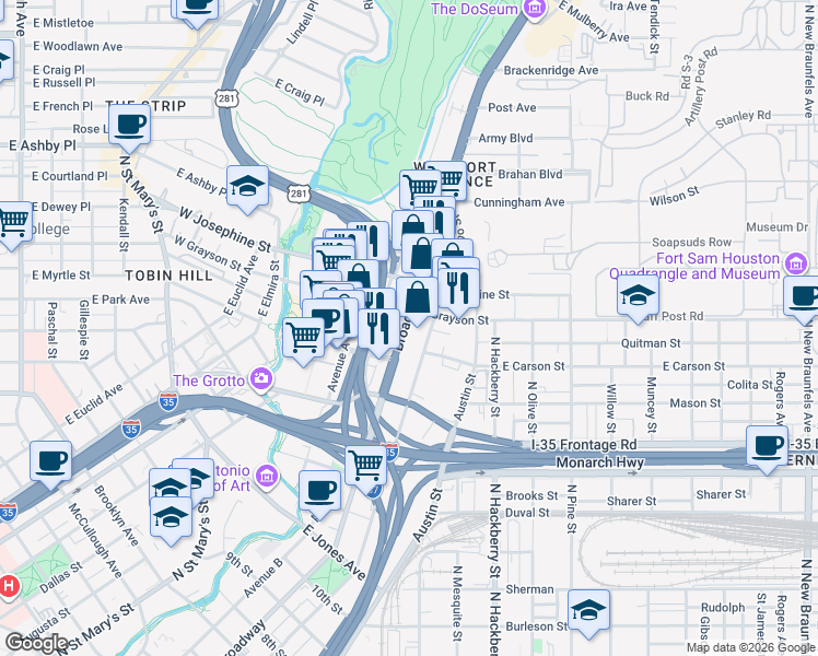 map of restaurants, bars, coffee shops, grocery stores, and more near 1800 Broadway Street in San Antonio