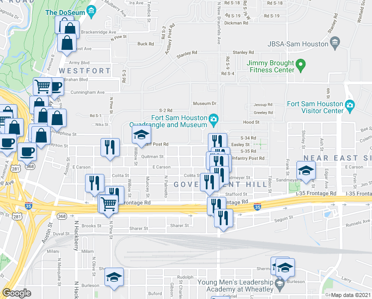 map of restaurants, bars, coffee shops, grocery stores, and more near 1302 East Grayson Street in San Antonio