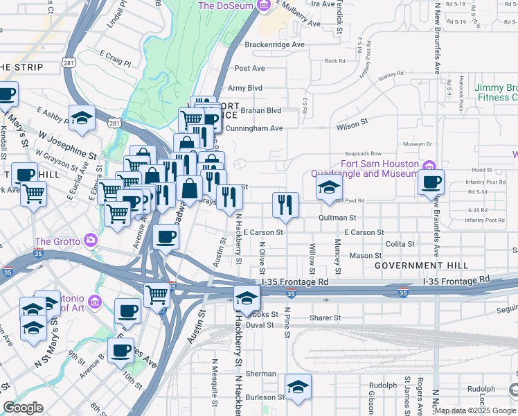 map of restaurants, bars, coffee shops, grocery stores, and more near 727 East Grayson Street in San Antonio