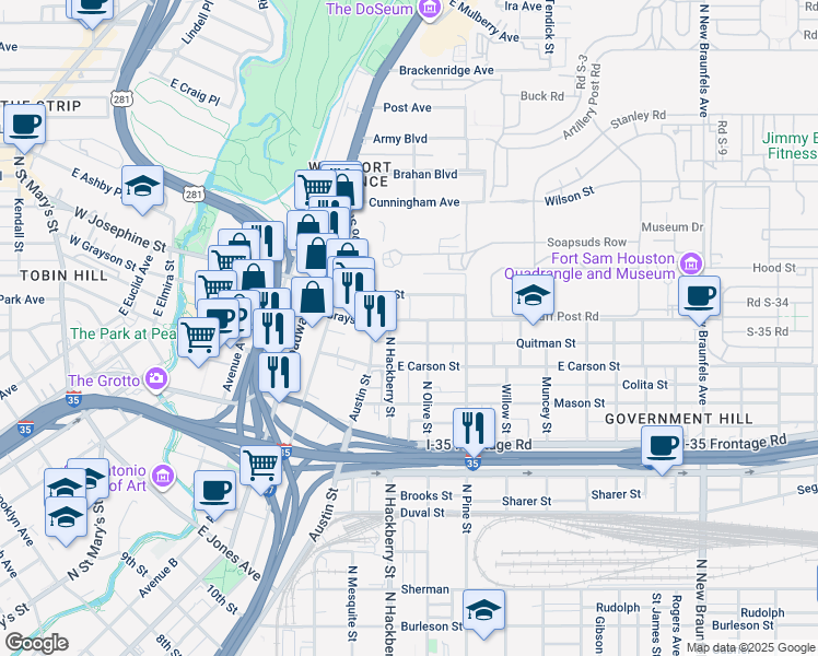 map of restaurants, bars, coffee shops, grocery stores, and more near 727 East Grayson Street in San Antonio