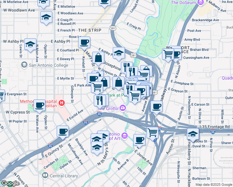 map of restaurants, bars, coffee shops, grocery stores, and more near 760 East Myrtle Street in San Antonio