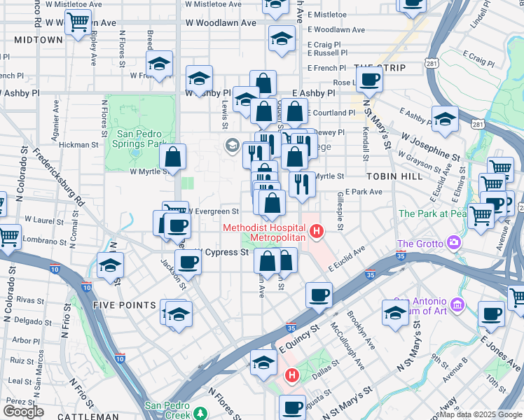 map of restaurants, bars, coffee shops, grocery stores, and more near 1515 North Main Avenue in San Antonio
