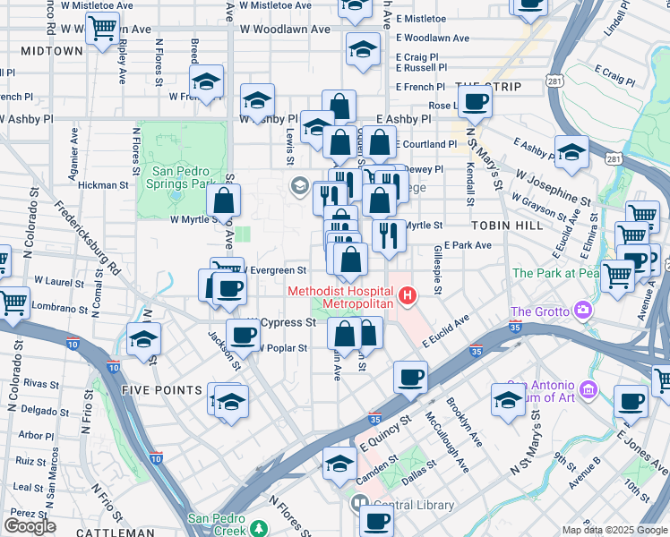map of restaurants, bars, coffee shops, grocery stores, and more near 1515 North Main Avenue in San Antonio