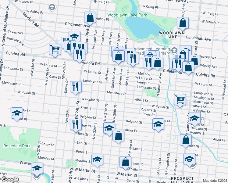 map of restaurants, bars, coffee shops, grocery stores, and more near 223 Goodrich in San Antonio