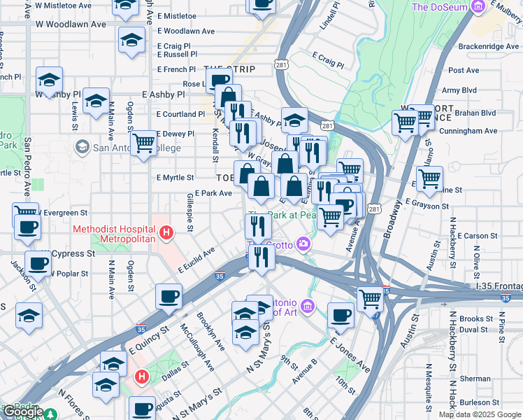 map of restaurants, bars, coffee shops, grocery stores, and more near 726 East Park Avenue in San Antonio