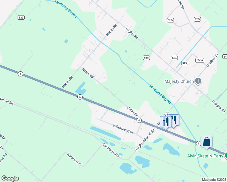 map of restaurants, bars, coffee shops, grocery stores, and more near 2502 Gates Road in Alvin