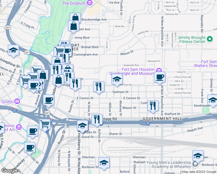 map of restaurants, bars, coffee shops, grocery stores, and more near 930 East Grayson Street in San Antonio