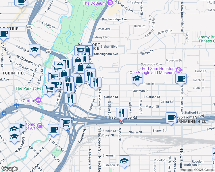 map of restaurants, bars, coffee shops, grocery stores, and more near 727 East Grayson Street in San Antonio