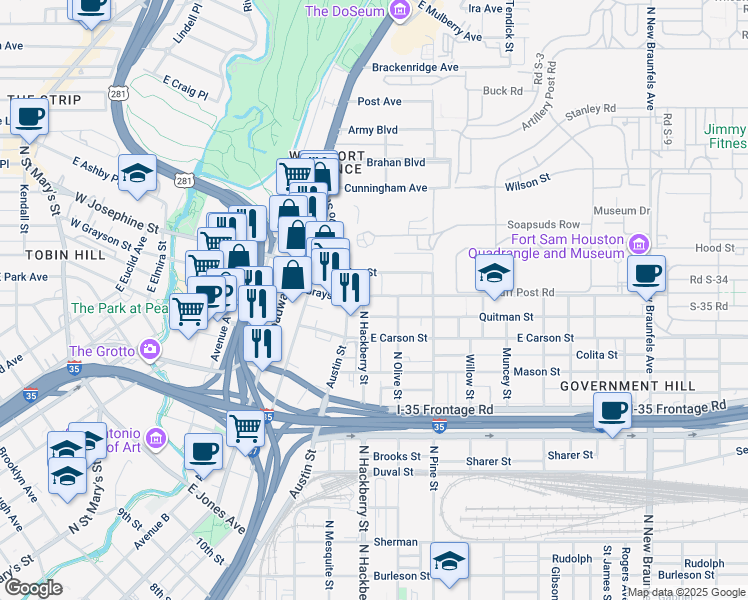 map of restaurants, bars, coffee shops, grocery stores, and more near 718 East Josephine Street in San Antonio
