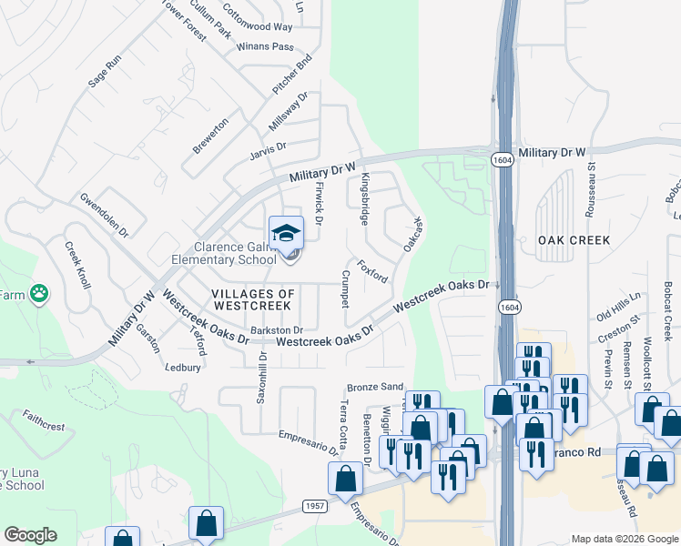 map of restaurants, bars, coffee shops, grocery stores, and more near 1323 Crumpet in San Antonio