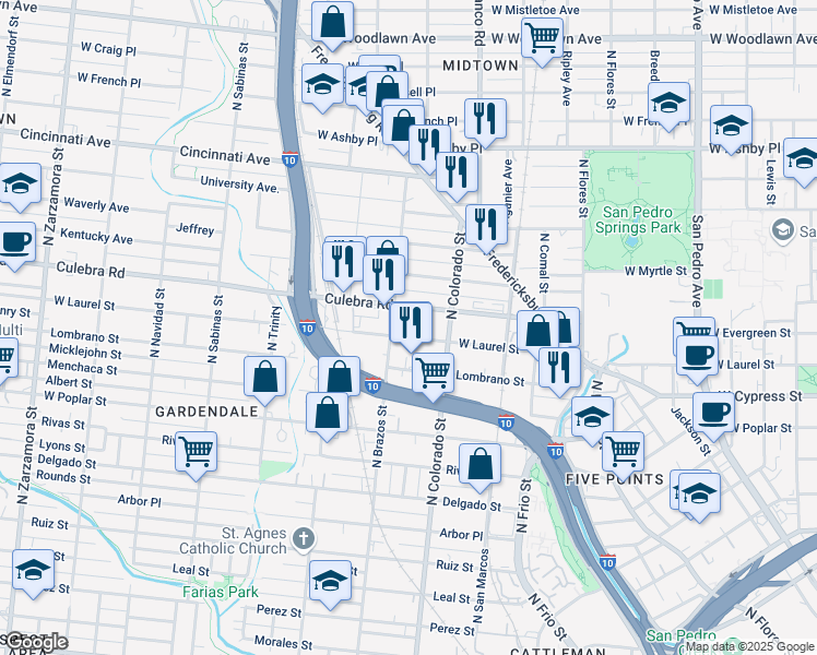 map of restaurants, bars, coffee shops, grocery stores, and more near 446 Culebra Road in San Antonio