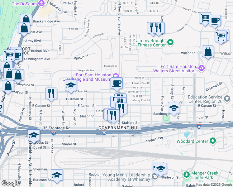 map of restaurants, bars, coffee shops, grocery stores, and more near 1527 East Grayson Street in San Antonio