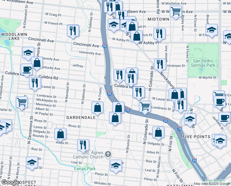 map of restaurants, bars, coffee shops, grocery stores, and more near 1407 West Laurel Street in San Antonio