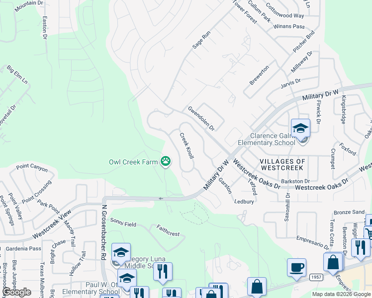 map of restaurants, bars, coffee shops, grocery stores, and more near 1331 Creek Knoll in San Antonio