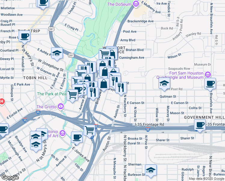 map of restaurants, bars, coffee shops, grocery stores, and more near in San Antonio