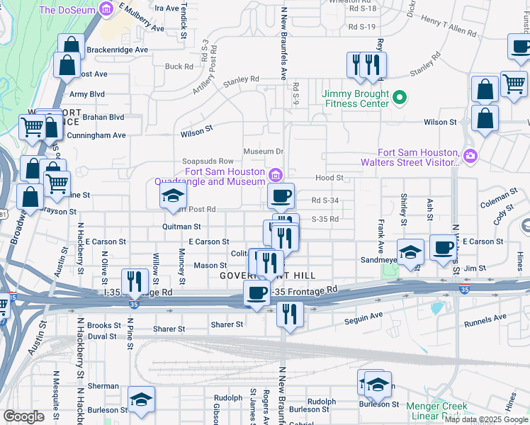map of restaurants, bars, coffee shops, grocery stores, and more near 1527 East Grayson Street in San Antonio