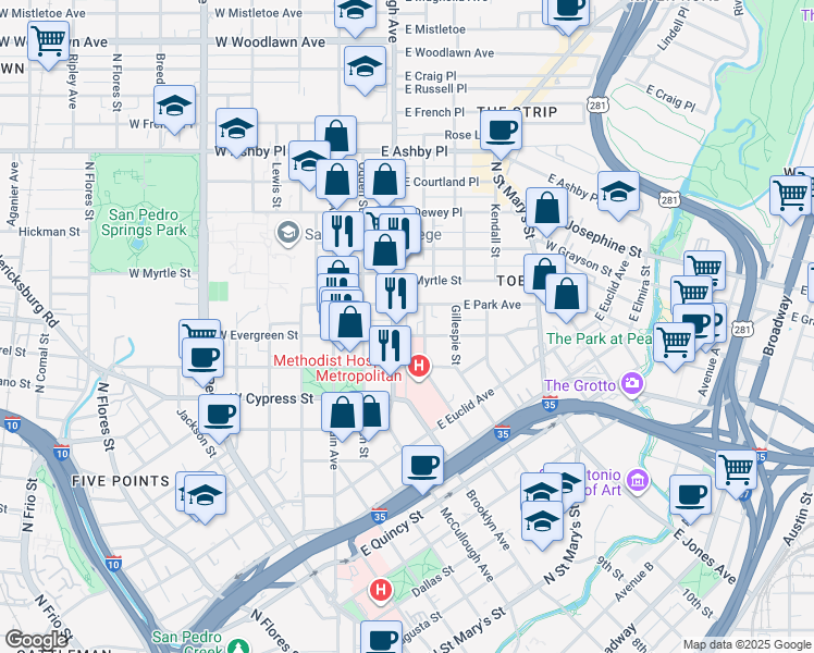 map of restaurants, bars, coffee shops, grocery stores, and more near 306 East Park Avenue in San Antonio
