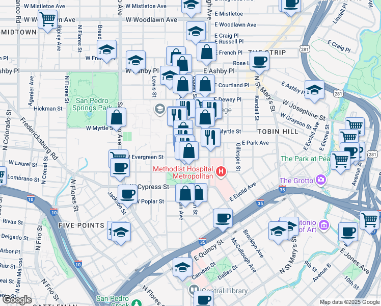 map of restaurants, bars, coffee shops, grocery stores, and more near 520 Ogden Street in San Antonio