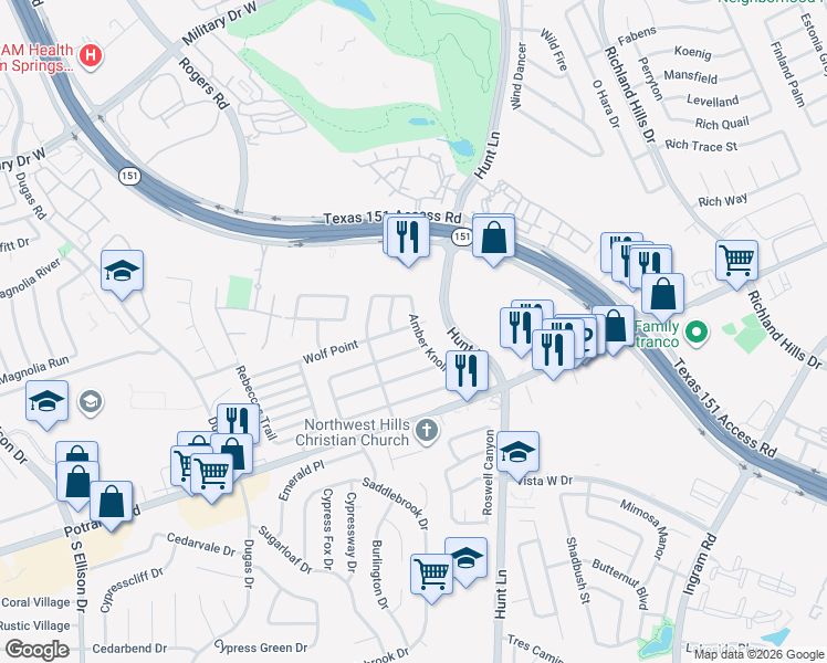 map of restaurants, bars, coffee shops, grocery stores, and more near 902 Amber Knoll in San Antonio