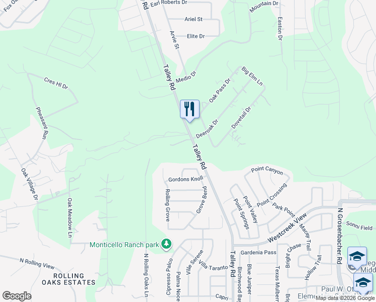 map of restaurants, bars, coffee shops, grocery stores, and more near 1030 Talley Road in San Antonio