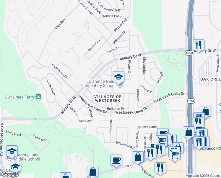 map of restaurants, bars, coffee shops, grocery stores, and more near 11810 James Vinson in San Antonio