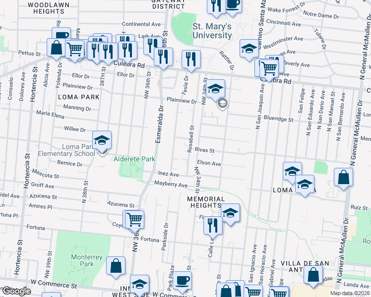 map of restaurants, bars, coffee shops, grocery stores, and more near 166 Rosabell Street in San Antonio