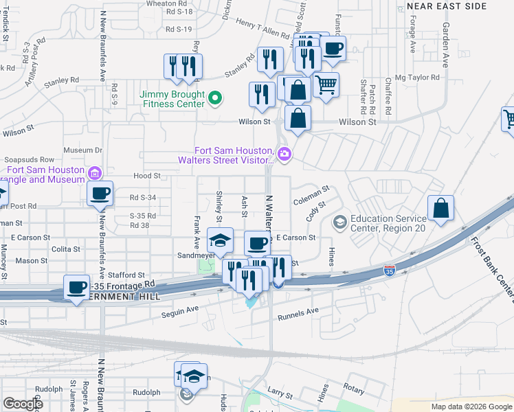 map of restaurants, bars, coffee shops, grocery stores, and more near 322 Bee Street in San Antonio