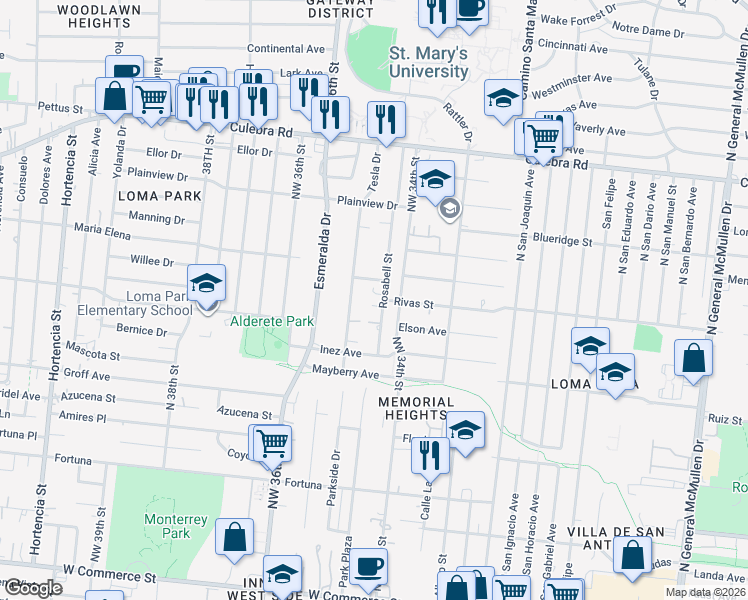 map of restaurants, bars, coffee shops, grocery stores, and more near 166 Rosabell Street in San Antonio