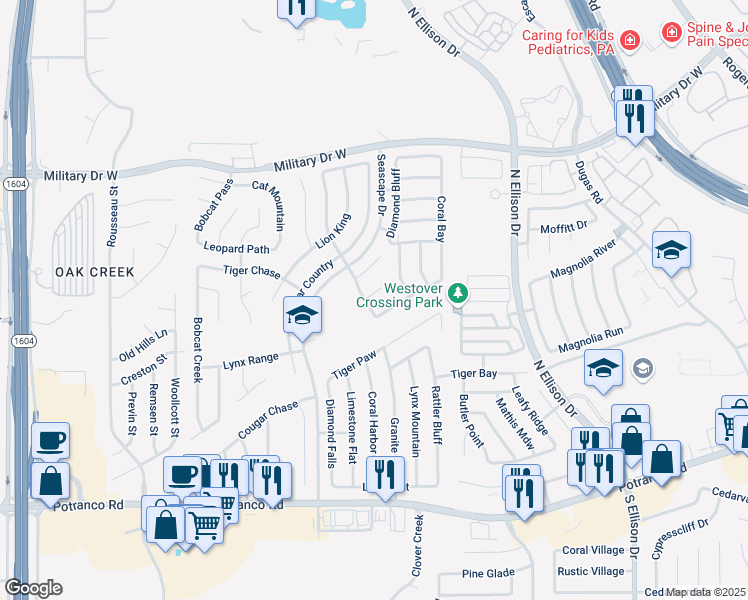 map of restaurants, bars, coffee shops, grocery stores, and more near 10406 Cub Valley in San Antonio